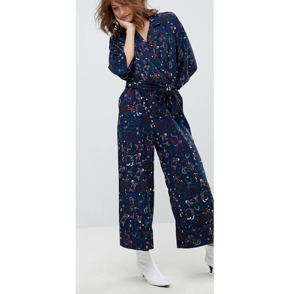 Monki Navy Jumpsuit with Multicolor Print